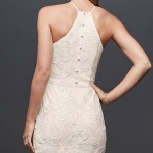 NWT: Wedding Gown: sequin leaf-appliqued high neck sheath gown